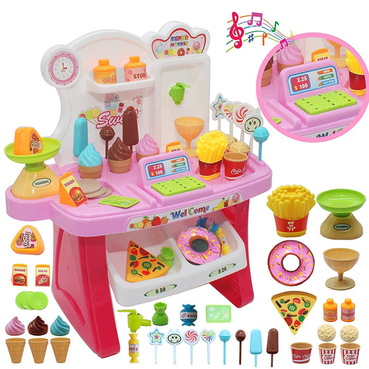 Pretend Play Mini Supermarket Toy Candy Sweet Shopping cart, Pretend Play Kitchen Set for Kids Girl & Boys ice Cream Set Toy for Kids 37 Pieces (Mini Market)