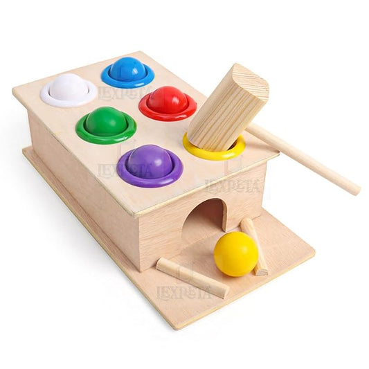 Wooden Hammer Ball Push Knock Pounding Montessori Game Toys for Kids Baby - 6 pcs Ball Set for 3-6 Years