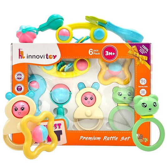 6 Pcs Non-Toxic Premium Rattle Set for Gifting | Safe Toys with Teether for New Born, Babies and Infants of Age 1-3-6-9-12 Months |