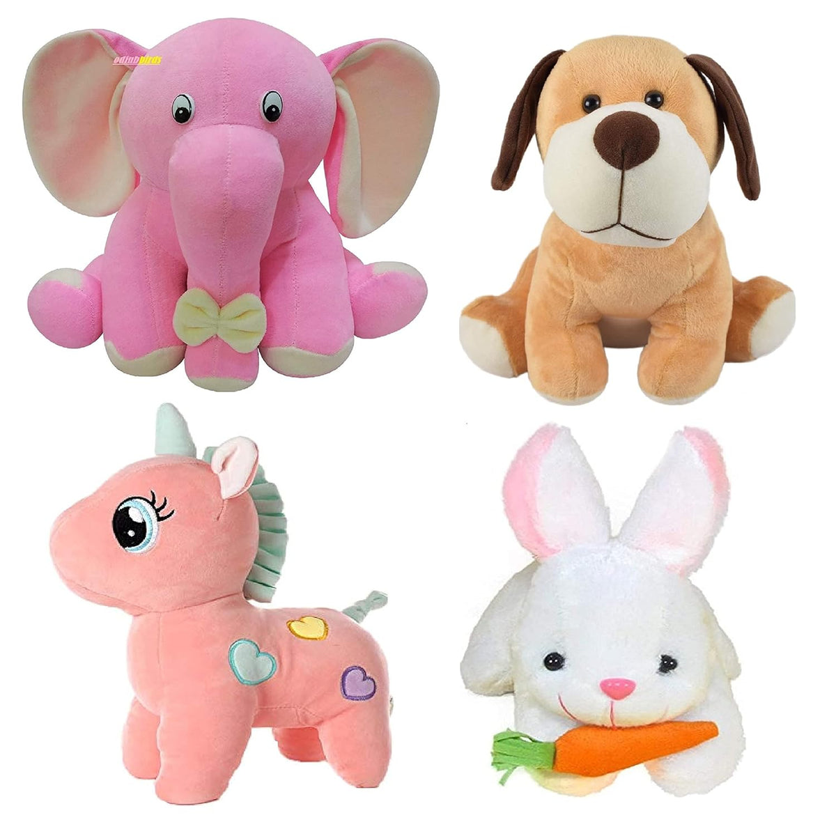 Combo of 4 Soft Toy Animals: Elephant, Unicorn, Dog, Rabbit. Great for kids' play or as a birthday gift (30cm).