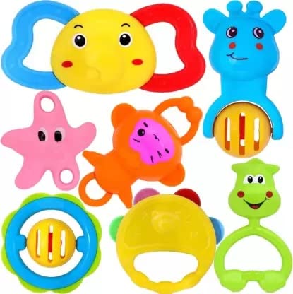 Infant Colourful Plastic Non Toxic Set of 7 Attractive Rattles and Teathers for New Borns, Baby,Kid
