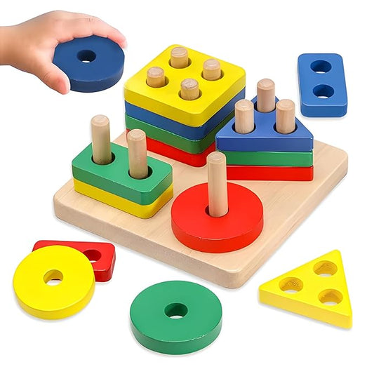 Wooden Geometric Shape Puzzle Activity for Kids, Shape Sorting, Stacking & Plugging Toy for Kids, Interactive Early Learning Montessori Toys for Boys & Girls, Multicolour, 3+ Years