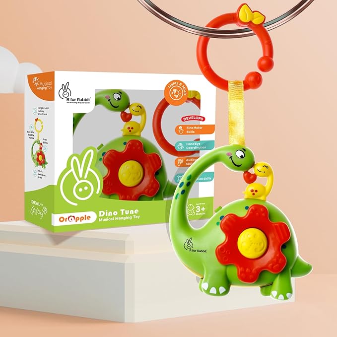 Rabbit Orapple Dino Tune Musical Hanging Toy for Baby with 4 Built-in Tunes, Press & Play Mode, Attachable to Stroller, Cradle & Play Gym