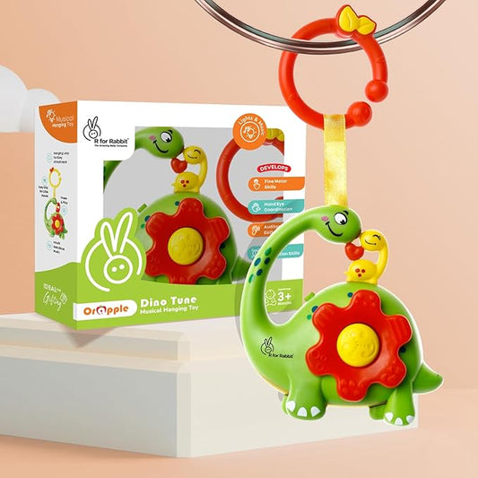 Rabbit Orapple Dino Tune Musical Hanging Toy for Baby with 4 Built-in Tunes, Press & Play Mode, Attachable to Stroller, Cradle & Play Gym