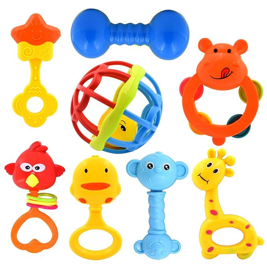 Colorful Attractive Plastic Non Toxic Set of 8 Shake & Grab Rattle BPA Free for New Born and Infants (Pack of 8, Multicolor)