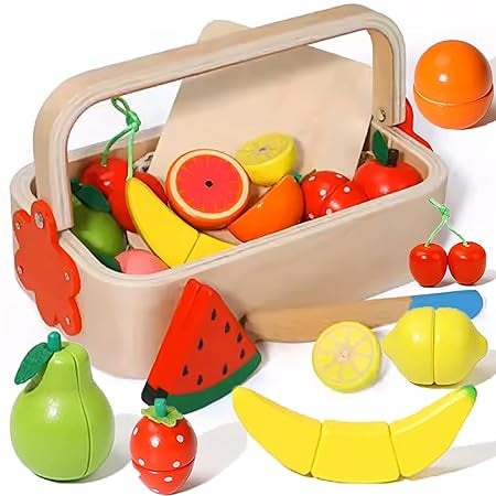 - Wooden Pretend Cutting Fruit Set with Wood Knife & Storage Basket Montessori Early Education Play Food Games Kitchen Accessories Set Toys for 3+ Years old Girls & Boys, Child Safe Certified, Multi colors