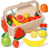 - Wooden Pretend Cutting Fruit Set with Wood Knife & Storage Basket Montessori Early Education Play Food Games Kitchen Accessories Set Toys for 3+ Years old Girls & Boys, Child Safe Certified, Multi colors
