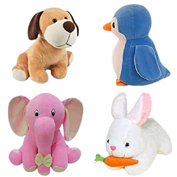 Elegant Soft Toy Set: Appu Elephant (25 cm), Penguin (20 cm), White Rabbit (28 cm), Mini Dog (25 cm) for Kids.